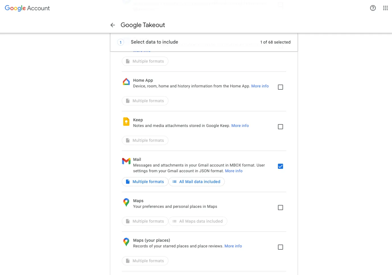 A screenshot showing the 'Deselect all' button and 'Gmail' checkbox selected in Google Takeout