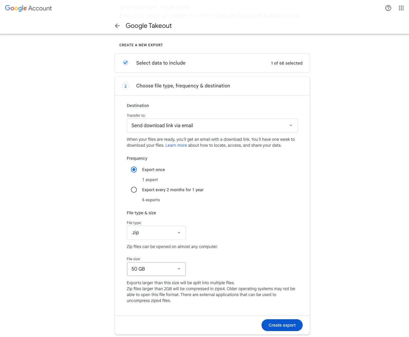A screenshot showing Google Takeout export options: Delivery method, Frequency, File type & size, with '50GB' size selected